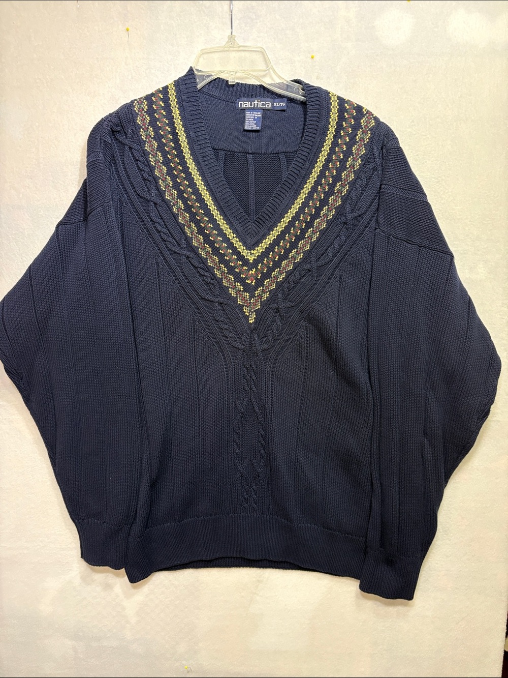 Nautica Men's Navy V-Neck Sweater with Patterned Trim NWOT